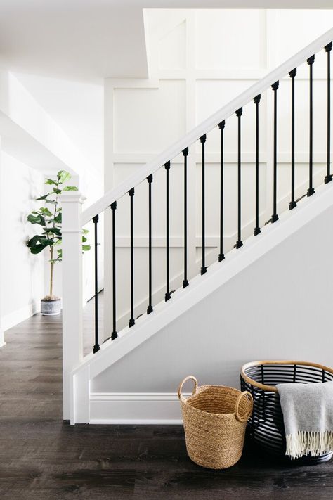 Staircase bright and beautiful for a basement build-out. Black and White Herringbone runner with white on white board paneling. Black metal balusters and white handrails Stairs Makeover Design, Stair Railing Makeover, Stairs Makeover Ideas, Stairs Renovation, Stairs Makeover, House Staircase, Kids Basement, Staircase Remodel, Stair Railing Design