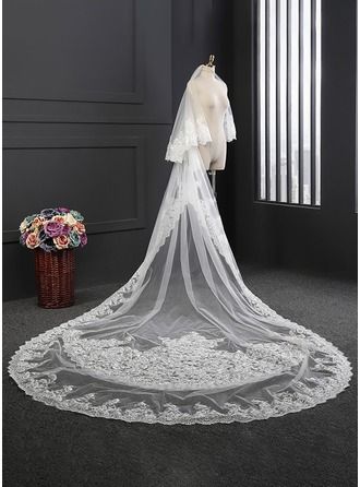 Two-tier Lace Applique Edge Cathedral Bridal Veils With Lace (006114029) - Wedding Veils - JJsHouse Cheap Wedding Veil, Greek Orthodox Wedding, Gold Veil, Veil Long, Ivory Wedding Veils, Lace Veils Bridal, Tulle Wedding Veil, Cathedral Bridal Veils, Long Veil Wedding