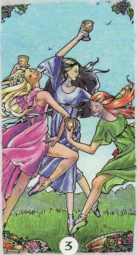 The 3 of Cups, from the Robin Wood Tarot by Robin Wood… 3 Of Cups, Three Of Cups, Divine Tarot, Sun And Moon Tarot, Cup Tattoo, Cups Tarot, Tarot Cards Art, Tarot Card Meanings, Angel Cards