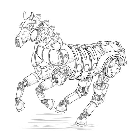 Horse steampunk Steampunk Blueprints, Steampunk Animals Drawing, Steampunk Horse, Steampunk Drawing, Mechanical Horse, Elephant Sketch, Steampunk Animals, Mechanical Animals, Power Rangers Fan Art