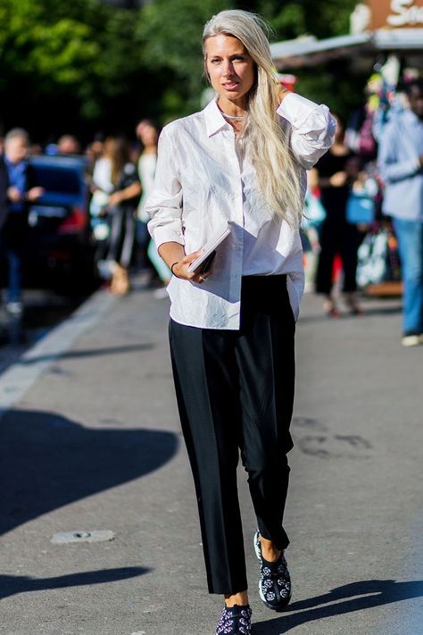 The Super-Minimal 2-Piece Formula That's All Over Pinterest Trousers Trainers Outfit, Black Trousers With White Shirt, Black Tailored Trousers Outfit Casual, White Shirt Beige Trousers Women, Black Trouser White Shirt Women, Smart Casual Work Outfit Women, Working Wardrobe, Sarah Harris, Casual Oufits