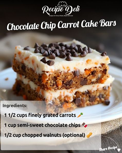 Chocolate Chip Carrot Cake Bars, Carrot Cake Bars, Deli Food, Cake Bars, Semi Sweet Chocolate Chips, Love Chocolate, Ground Cinnamon, Carrot Cake, 2 Cups