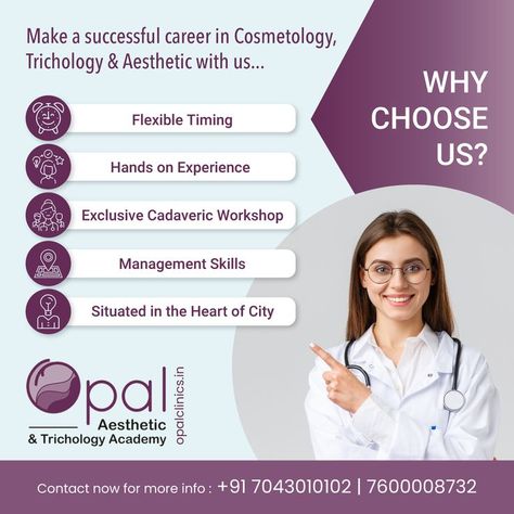 Do you desire to make a career in cosmetology? Accelerate your career in cosmetology with Opal Clinic’s Professional Course in Cosmetology. - Flexible Timings - Learn from Experts. - Exclusive Workshops - Management skills - Start with the basics of hair and skin care Hurry Up, to start your success journey with us.! Enroll Now.! #academy #aestheticacademy #trichology #aesthetic #cosmetologystudent #cosmetologyeducation Cosmetology Student, Hair And Skin Care, Enroll Now, Management Skills, Cosmetology, The Basics, Hair Hacks, Career, Opal