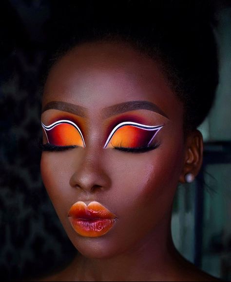 Orange Make Up Looks Creative, Full Color Makeup, Eyes Type, Practice Makeup, Phoenix Makeup, Crazy Eye Makeup, Fire Makeup, Exotic Makeup, Goth Eye Makeup