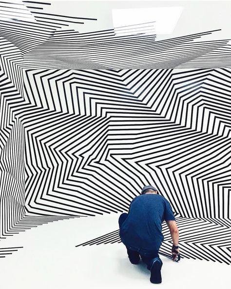 The Monochromatic Illusions of Darel Carey | Hi-Fructose Magazine Optical Illusion Tape Art, Museum Of Selfies, Tape Mural, Digital Art Music, Tape Wall Art, Geometric Shapes Drawing, Trippy Room, Art Assignments, Optical Art