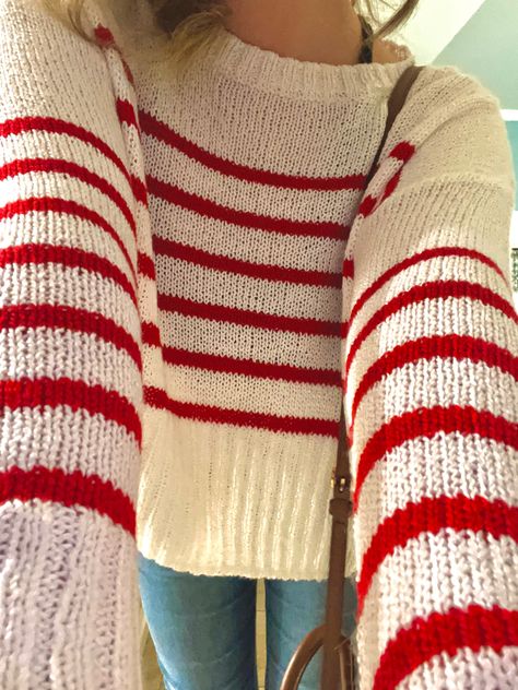 Red And White Crochet Sweater, Red And White Sweater Outfit, Red And White Striped Sweater Outfit, Red And White Striped Sweater, Red Striped Sweater Outfit, Costal Outfit, Red And White Sweater, Red Sweater Outfit, House Fits