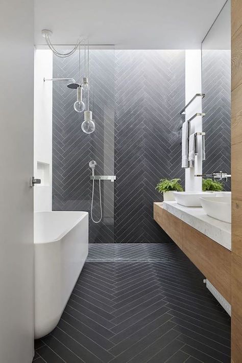 The Tile House: Inspired Bathroom Ideas With Chevron Tiles - SA Decor & Design Patterned Bathroom Tiles, Trendy Bathroom Tiles, Diy Home Decor For Apartments, Pattern Tile, Bad Inspiration, Trendy Bathroom, Wood Bathroom, Bathroom Layout, Bath Room