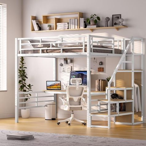 Amazon.com: GM Ultra Full Size Loft Bed with Desk & Storage Stairs, Metal Loft Bed Frame with Wardrobe, Versatile High Loft Bed for Kids Teens Adults, Sturdy Slats Support, No Box Spring Needed, White : Home & Kitchen Integrated Wardrobe, High Loft Bed, Loft Bed Desk, Stairs Metal, Lofted Bed, Storage Stairs, Full Size Loft Bed, Organize Clothes, Adult Bunk Beds