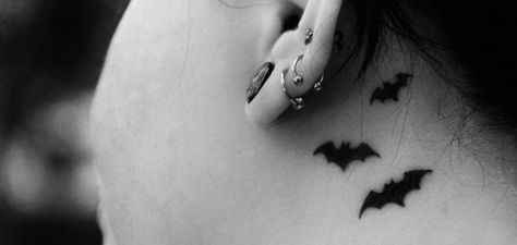 Behind The Ear Tattoo Bats, Bat Behind Ear Tattoo, Bat Ear Tattoo, Bat Tattoo Behind Ear, Clock Tattoo Design, Bat Tattoo, Dope Tattoos For Women, Clock Tattoo, Collar Bone Tattoo