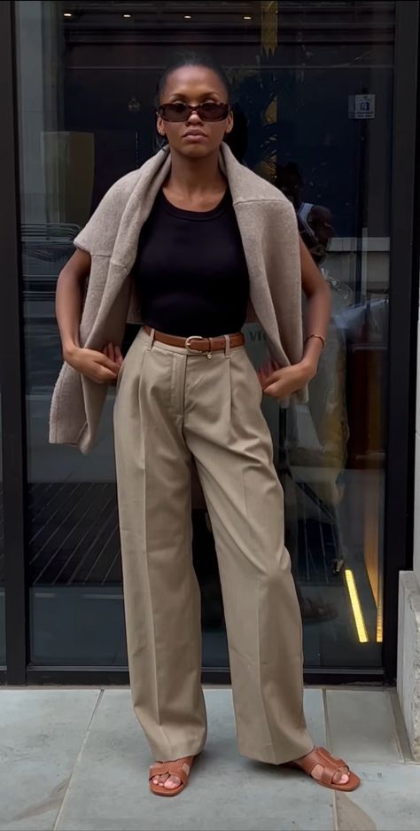 Neutral Corporate Outfit, Relaxed Office Outfits Women, Tan Slacks Outfit, Beige Trouser Outfit Women, Camel Pants Outfit Work, Cream Trouser Outfit Women, Tan Belt Outfit, Tan Pants Outfit Work, Camel Trousers Outfit