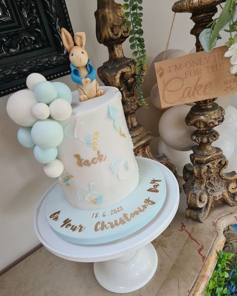 Christening Cake Boy, Peter Rabbit Cake, Duck Cake, Peter Rabbit Birthday, Rabbit Birthday, Rabbit Cake, Cake Boards, Twins 1st Birthdays, Edible Gold