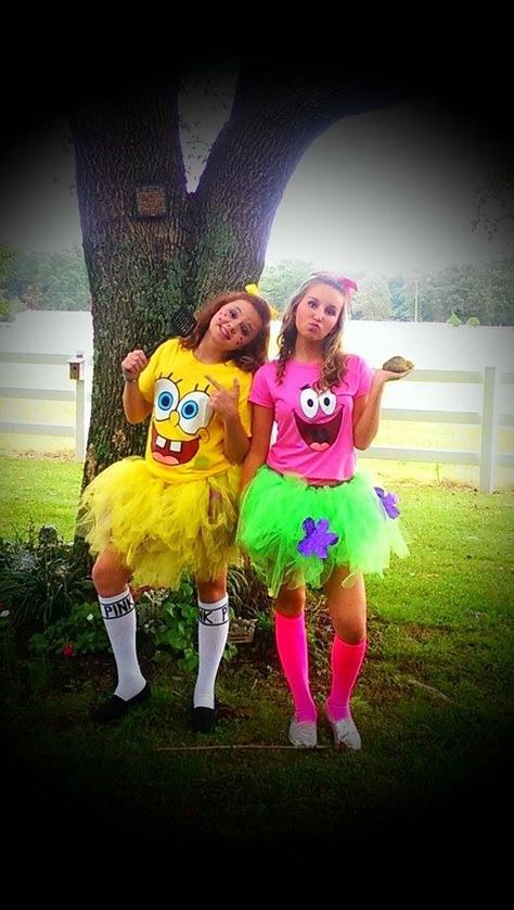 Spongebob and Patrick Costumes!Make your own tutu! #diy Halloween Costumes Teenage Girl Duo, Halloween Costume Teenage Girl, Spongebob And Patrick Costumes, 2 Person Halloween Costumes, Girl Duo, Costumes For Teenage Girl, Teenage Halloween Costumes, Halloween Costumes Teenage Girl, Cute Group Halloween Costumes