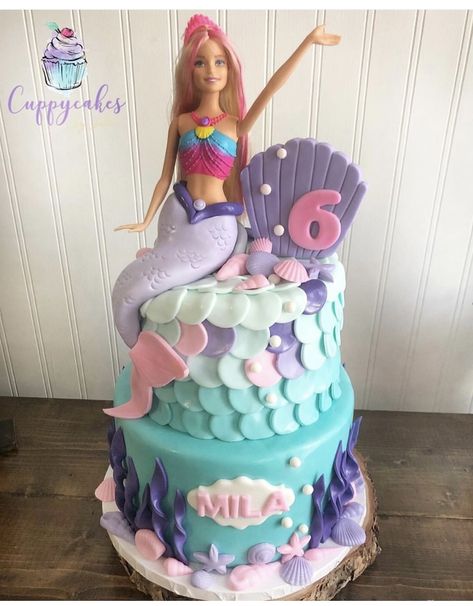 Mermaid Cake With Barbie, Mermaid Birthday Cake With Doll, Barbie Mermaid Theme Party, Mermaid Barbie Birthday Party Cake, Mermaid Cake Barbie, Barbie Dreamtopia Birthday Cake, Barbie Mermaid Power Birthday, Barbie Mermaid Party Ideas, Barbie Mermaid Cake Ideas