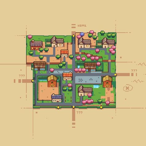 Pixel Game Mockup, Village Map Design, Rpg Town Map, Game Maps Design, Video Game Map Design, Pixel Art Village, Pixel Art Town, Pixel Village, Game Map Design