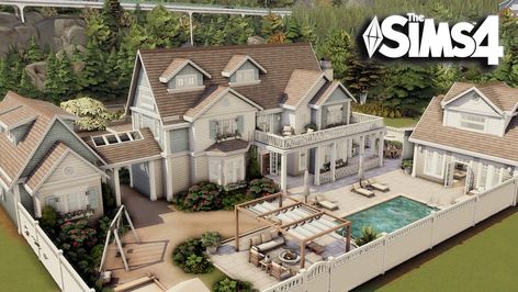 Sims 4 Costal House, Huge Family House, Sims 4 Hamptons House, Brindleton Bay House Sims 4, Sims 4 Family House Cc, Sims4 Houses, Sims 4 Family House, Sims4 Build, Sims 4 Modern House