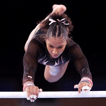 Gymnastics Hairstyles For Black Hair, Gymnastic Hairstyles For Meets, Black Gymnast Hairstyles, Jordan Chiles Gymnastics, Hairstyles For Gymnastics, Gymnastics Hairstyles For Competition, Gymnastics Competition Hair, Gymnastics Hairstyles, Black Gymnast