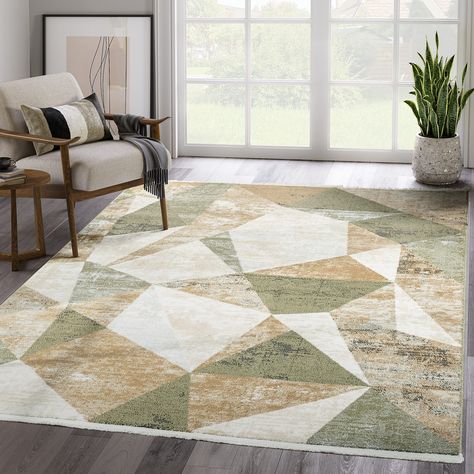 PRICES MAY VARY. SIZE: This area rug is 6'x9' in dimensions with a medium pile height of 0.4" STYLE: This area rug with a green and cream color scheme and a geometric pattern can add sophistication and style to any space. The combination of the two colors creates a cohesive and harmonious look, while the geometric pattern adds interest and texture to the design. CARE: This area rug is stain-resistant and easy to clean. Spills can be easily cleaned by spot cleaning the affected area. Vacuuming is Large Living Room Rugs, Triangular Pattern, Kids And Pets, Mid Century Modern Bedroom, Geometric Area Rug, Dining Room Rug, Large Living Room, Green Cream, Modern Area Rugs