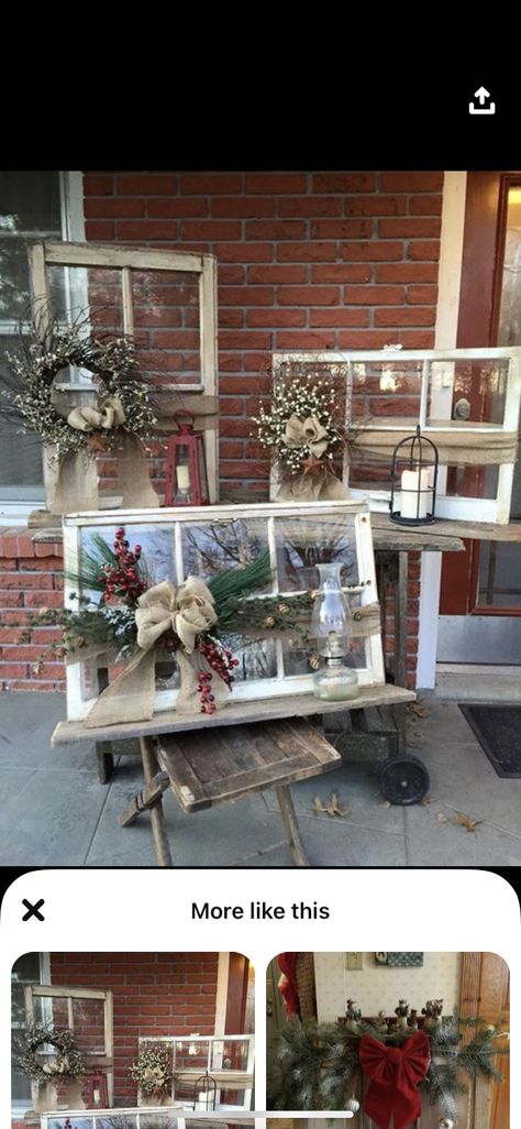 Christmas Ladder Decor Front Porches, Old Window Christmas Decor, Old Window Christmas Ideas, Decorate An Old Window For Christmas, Window Pane Christmas Decor, Old Window Winter Decor, Old Windows Painted For Christmas, Christmas Ladder Decor, Window Pane Crafts