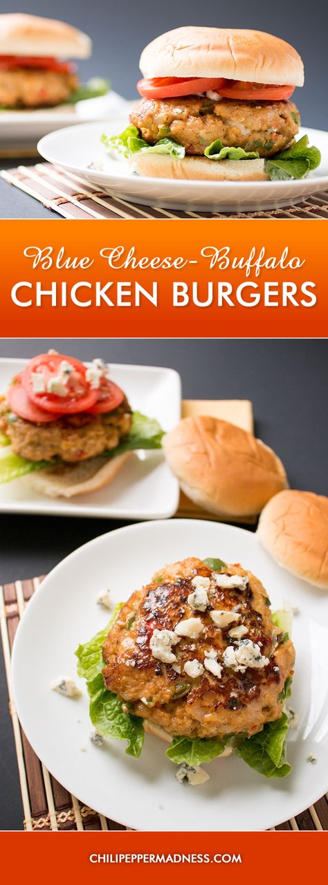 Blue Cheese-Buffalo Chicken Burgers - These chicken burgers are made with tangy Buffalo sauce and they're overflowing with blue cheese that's been stuffed into the center. They're juicy and tender and yes, you will want more. Cheeseburger Recipes Homemade, Best Homemade Burgers, Buffalo Chicken Burgers, Grilled Burger Recipes, Ground Chicken Burgers, Chili Pepper Recipes, Burger Seasoning, Cheese Chicken, Homemade Burgers