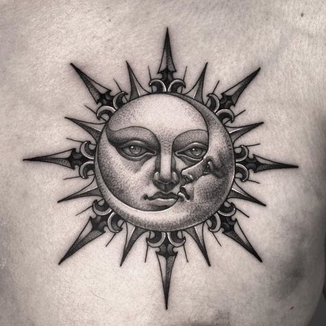 Trippy Sun, Sun Tattoo Ideas, Eclipse Tattoo, Tattoo Sonne, Tato Flash, Luna Tattoo, Sunshine Tattoo, Moon Sun Tattoo, Sun Tattoo Designs