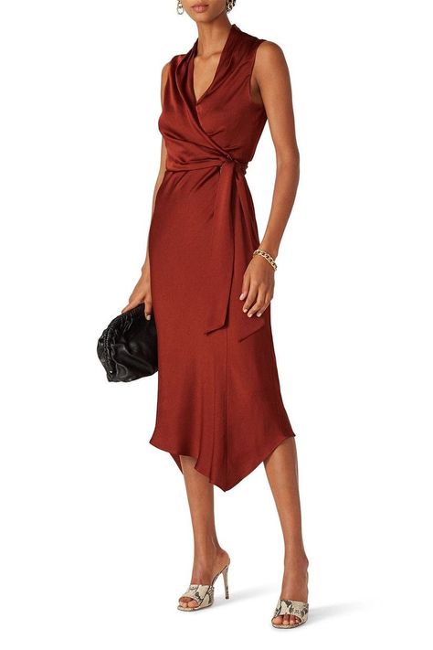 Burnt orange wrap midi dress for cocktail fall wedding Wedding Guest Outfit Fall, Rent Dresses, Best Wedding Guest Dresses, Fall Wedding Guest, Fall Wedding Guest Dress, 40 Dress, Wrap Midi Dress, Rent The Runway, Satin Maxi Dress