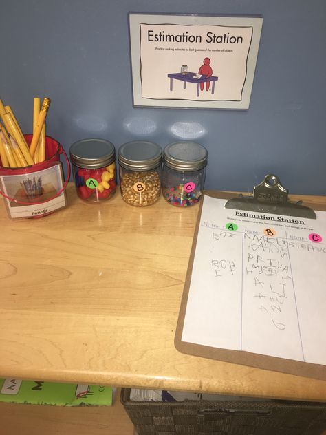 Estimation Station for Kinder Prep.  Bright Horizons Estimation Station Ideas, Kindergarten School Supply List, Preschool Hacks, Estimation Station, Investigation Station, Kindergarten School Supplies, Preschool Weekly Lesson Plans, Mathematics Activities, Purposeful Play