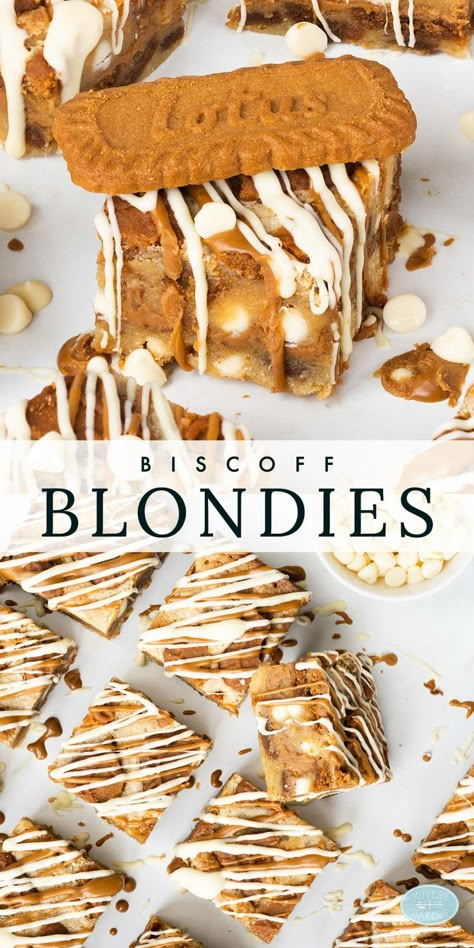 Ultra indulgent Biscoff blondies crammed full of Biscoff biscuits and spread and finished with a drizzle of Biscoff spread and white chocolate | Recipe from moversandbakers.co.uk Cookie Butter Blondies Recipe, Biscoff Blondies, Biscoff Desserts, Biscoff Recipes, Blondies Recipe, Creative Desserts, Peach Recipe, Decadent Desserts, Yummy Cookies