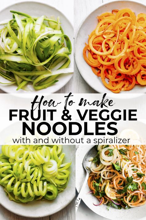 Veggie noodles and fruit noodles are easy to make, but sometimes we don't have spiralizers on hand and we want to avoid a mess. Instead, turn your favorite vegetables and fruits into delicious, healthy noodles with or without a spiralizer! I'll show you how - it's easy! #vegetarian #noodles #zoodles #spiralizer #vegan #paleo Fruit Noodles, Veggie Noodles Recipes, Vegetarian Noodles, Carrot Noodles, Healthy Noodles, How To Cook Broccoli, How To Cook Zucchini, Fruit And Veggie, Zoodle Recipes