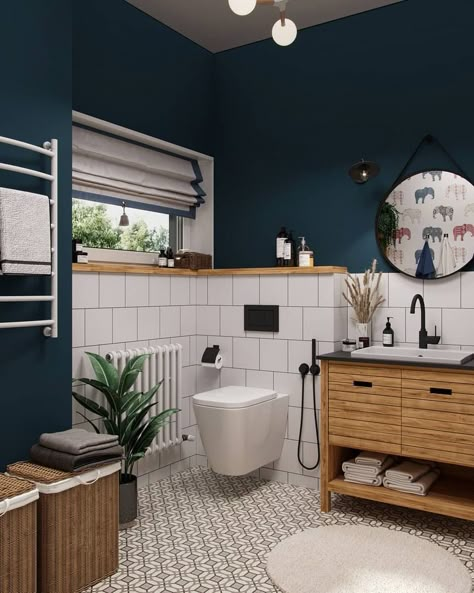 Blue Small Bathrooms, Small Dark Bathroom, Blue White Bathrooms, Scandi Bathroom, Dark Blue Bathrooms, Dark Bathrooms, Bathroom Design Decor, Bathroom Inspiration Decor, Small Bathroom Design