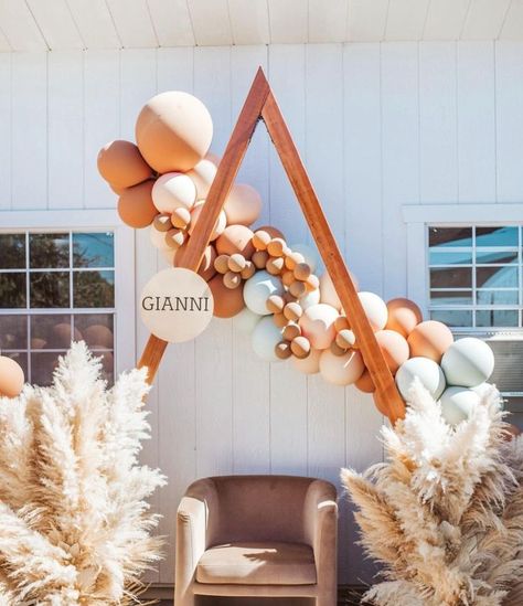 Balloon Triangle Arch, Balloon Arch With Wooden Arch, Triangle Arch Balloon Garland, Wooden Backdrop With Balloons, Wooden Arch With Balloons, Triangle Arch With Balloons, Triangle Backdrop With Balloons, Balloons On Triangle Arch, Triangle Balloon Arch