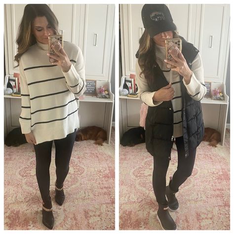 How to style a black and white striped tunic - Size down in the tunic. Wearing XS. Size up if in between in the leggings. Wearing a small. Everything else is true to size. Wearing a small in the vest. #justpostedblog #ShopStyle #shopthelook #MyShopStyle #OOTD #LooksChallenge #ContributingEditor #Lifestyle Hunter Ankle Boots Outfit, Patagonia Hats, Hunter Ankle Boots, Ankle Boots Outfit, Abercrombie Outfits, Patagonia Hat, Black Hunter, Boots Outfit Ankle, Striped Tunic