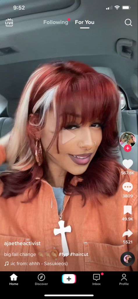 Cherry Red With Blonde Highlights, Burgundy Hair With Blonde Money Piece, Copper Curly Hair, Burgundy Hair Dye, Copper Brown Hair Color, Red Hair With Bangs, Red Hair With Blonde Highlights, Cherry Red Hair, Red Blonde Hair