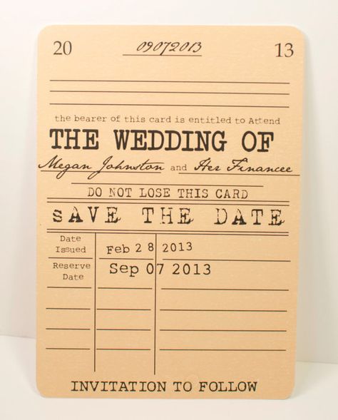 Library card inspired save-the-dates Library Card Wedding Invitations, Literature Wedding, Book Themed Wedding, Literary Wedding, Literary Themes, Library Wedding, Vintage Library, Vintage Invitations, Photo Booths