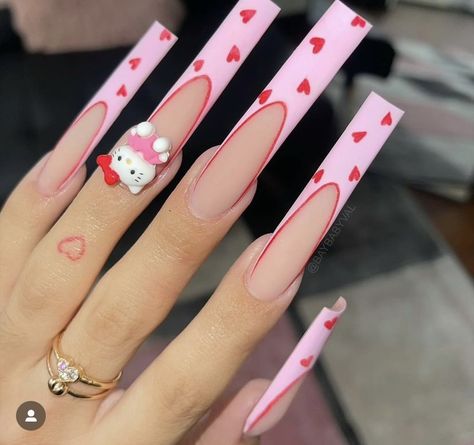 Follow for more @KIWIIKISSS ✨❣️ Sanrio Valentines Nails, Bling Valentines Nails, Valentines Nails With Rhinestones, Valentines Day Nails Baddie, Valentines Nails Pink, Hello Kitty Nail, Kitty Nail, Valentines Nail, Super Cute Nails