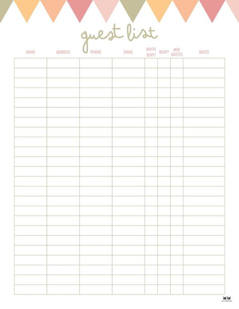 Choose from 12 different guest list templates to track invites sent and RSVPs for your upcoming event. All pages can be printed from home. 100% FREE! Party Guest List Template, List Template Free Printable, Guest List Template, Templates Printable Free, Guest List, Party Guests, Party Event, Free Printables, From Home