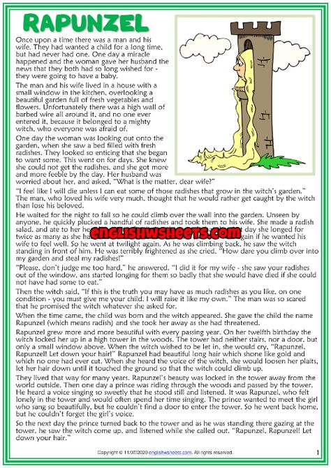 Rapunzel ESL Reading Text Worksheet For Kids Rapunzel Story Book, Rapunzel Fairy Tale, Rapunzel Story, Fairytale Lessons, Small Stories For Kids, English Moral Stories, Good Bedtime Stories, Reading Comprehension For Kids, Esl Reading