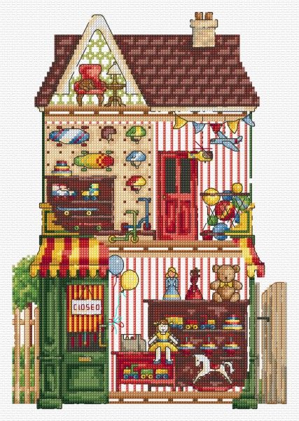 Maria Diaz Designs: Inside the Toy Shop Village Buildings, Xmas Village, Christmas Charts, Vintage Village, Stitch Doll, Cross Stitch House, Christmas Alphabet, Stitch Shop, Small Cross Stitch