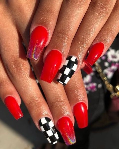 Ballerina Style Nails, Checkered Nails, Red Acrylic Nails, Red Nail Designs, Nails Red, Super Nails, Ideas Nails, Summer Acrylic Nails, Trendy Nail Design