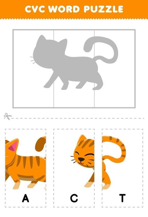 Education game for children to learn cvc word by complete the puzzle of cute cartoon cat picture printable worksheet Cvc Puzzle, Cvc Games, Cvc Words Worksheets, Cute Cartoon Cat, Cvc Word, Game For Children, Cat Picture, Cat Puzzle, Word Puzzles