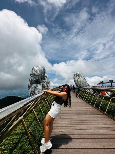 my most favourite attraction of the entire trip, Sunworld Da nang #goldenbridge #vietnam #aesthetic #travel Vietnam Instagram Pictures, Vietnam Poses, Vietnam Photo Ideas, Vietnam Outfit, Vietnam Aesthetic, Vacation Board, Vietnam Itinerary, Golden Bridge, Da Nang Vietnam