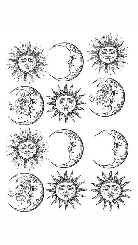 Sun And Moon Tattoo Placement Ideas, Celestial Drawing Ideas, Feminine Sun Tattoo, Sun And Moon Art Drawings, Moon Tattoo Feminine, Boho Moon Tattoo, Celestial Sun Tattoo, Moon And Sun Drawing, Woodblock Tattoo