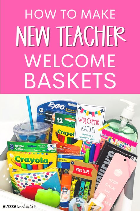 If you have new staff joining your school, you'll love these ideas for making new teacher welcome baskets! Click through to see my suggestions and tips to make cute and affordable baskets full of new teacher must-haves! Welcome New Teachers Gift Ideas, New Teacher Welcome Basket, Back To School Teacher Basket Ideas, New Staff Welcome Gift, Welcome Teacher Gifts, New Teacher Welcome Gift, Teacher Mentor Gifts, New Teacher Orientation Ideas, New Teacher Gift Basket