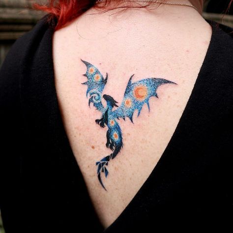 Starry Night Butterfly Tattoo, Stary Night Tattoos, Celestial Dragon Tattoo, Sun Dragon Tattoo, Phoenix Dragon Tattoo, Dragon Tattoos Women, Night Tattoo Ideas, Flying Dragon Tattoo, Toothless Dragon Tattoo