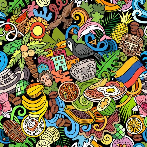 Colombian Symbols, Cartoon Doodles, Colombian Culture, Doodle Illustration, Image Collection, Seamless Pattern, Seamless Patterns, Colorful Backgrounds, Illustration Design