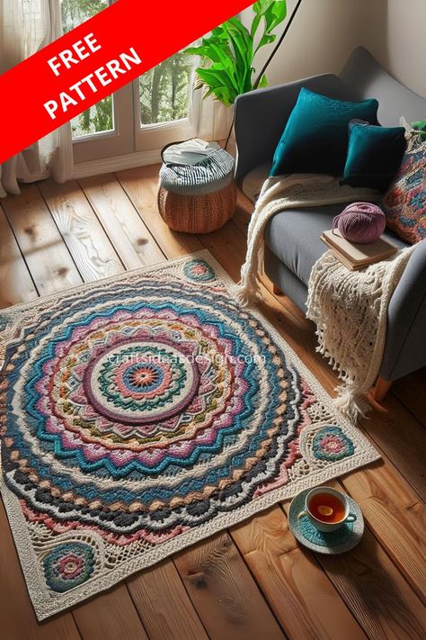 Add a touch of handmade elegance to your home with a gorgeous crochet mandala rug. Learn how to create this stunning and functional centerpiece with our detailed pattern. Boho Crochet Rug Patterns Free, Crochet Circle Rug, Crochet Mandala Rug, Diy Rugs, Mandala Rug, Crochet Rugs, Gorgeous Crochet, Rug Patterns, Crochet Carpet