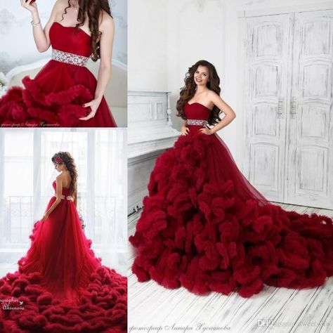 Princess Burgundy 2017 Wedding Dresses Maternity Pregnant Cascading Ruffles Train Crystals Bridal Gowns Custom Made Court Train Plus Size Wedding Dresses Plus Size Bridal Gowns Online with $228.0/Piece on Sweet-life's Store | DHgate.com Maternity Wedding Dresses, Cloud Dress, Red Wedding Gowns, Red Ball Gowns, Indian Wedding Gowns, Maternity Wedding, Fairytale Gown, Pregnant Wedding Dress, 2016 Wedding Dresses