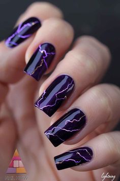 Blue Purple Black Nails, Dark Purple And Silver Nails Acrylic, Black N Purple Nails, Dark Purple Gel Nail Designs, Midnight Purple Nails Acrylic, Black Purple Nail Designs, Unquie Nails, Purple Lightning Nails, Dark Short Nails Ideas