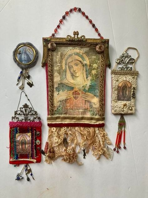 (4) Mavis Leahy Art - Tiny Treasures XVll Cactus Gallery’s Holiday... | Facebook Small Art Installation, Unconventional Materials Art, Mary Shrine, Paper Casting, Catholic Relics, Religious Altars, Shrines Art, Diy Frames, Assemblage Art