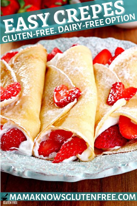 An easy recipe for gluten-free crepes. This gluten-free breakfast recipe also has a dairy-free option. Gluten Free Crepes Recipe, Crêpe Recipe, Gluten Free Crepes, Easy Crepe Recipe, Strawberry Crepes, Crepe Recipe, Dairy Free Breakfasts, Gluten Free Recipes For Breakfast, Gluten Free Pancakes