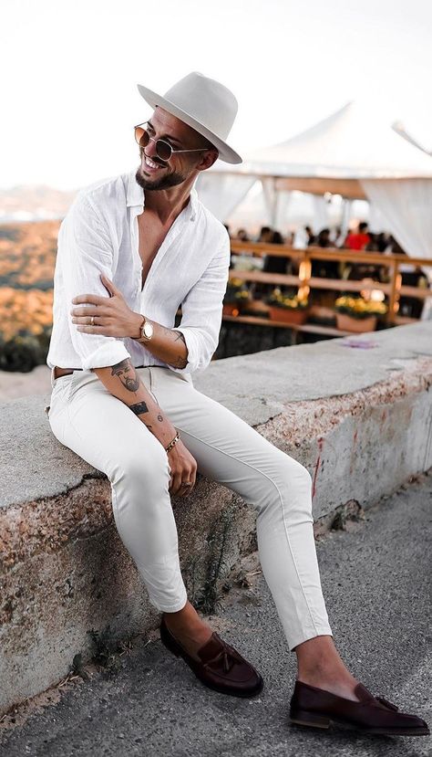 Mens Lifestyle Fashion, Summer Hat Style, White Outfit For Men, Party Outfit Men, Mens Summer Outfits, Mens Casual Outfits Summer, Elevated Basics, Fashion Suits For Men, Stylish Mens Outfits